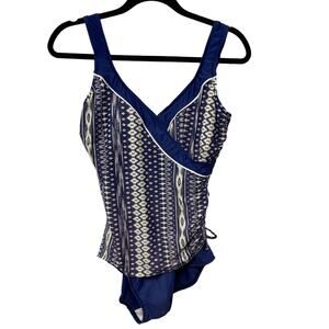 Maxine‎ of Hollywood Gathered Cross Over One Piece w/ Built-in Bra Blue Women 10